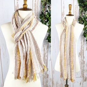 Pale Yellow & Tan Woven Euro Long Fringe Scarf EUC